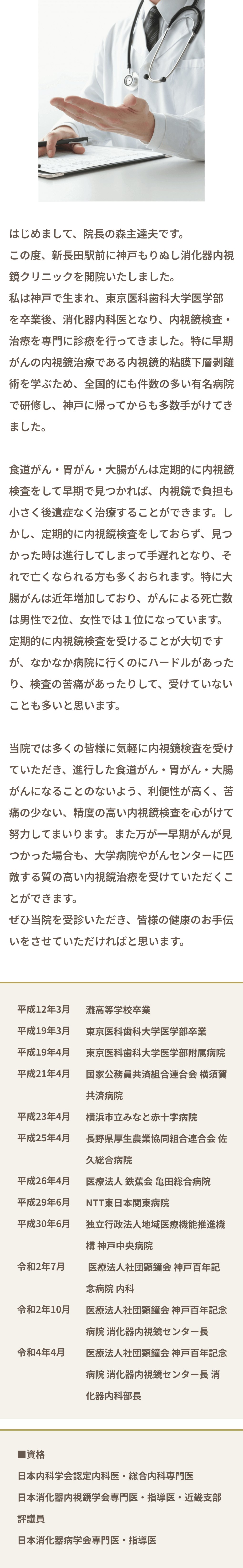 はじめまして、院長の森主達夫です。